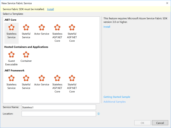 Service Fabric New Project Dialog